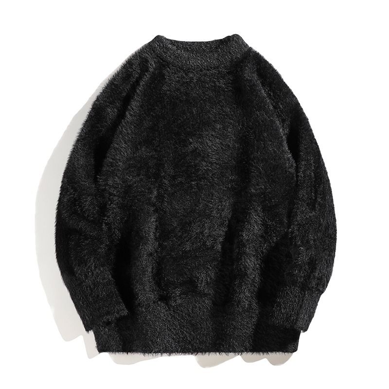 Retro mohair sweater autumn and winter new men's loose and lazy style knitted top solid color black_voghion.com