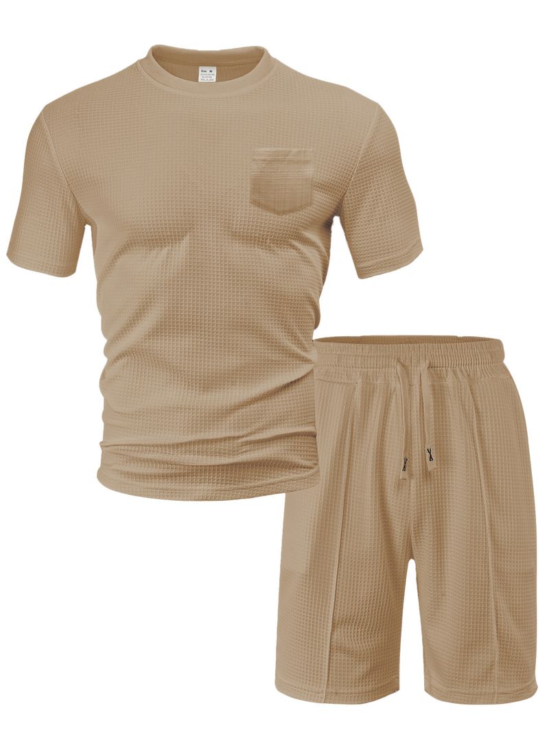 Herrenbekleidung Sommer Sport Freizeit Locker Dünn Waffel Kurzarm Shorts Anzug_voghion.com