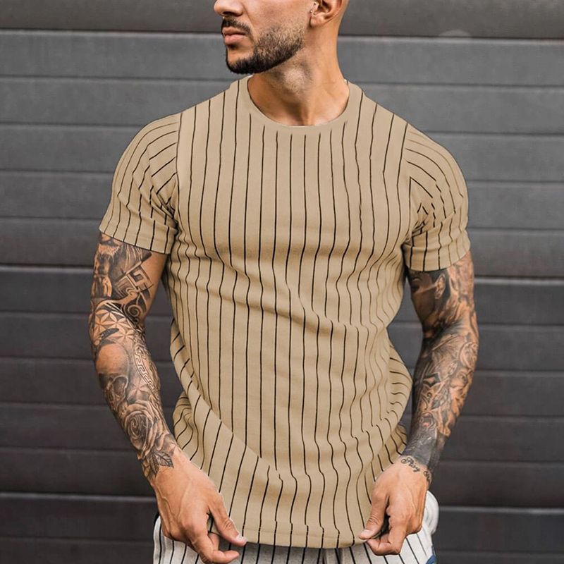 Abbigliamento da uomo estivo a maniche corte 2024 per l'esportazione, stampa 3D con lettere a forcella casual, strisce verticali sciolte_voghion.com