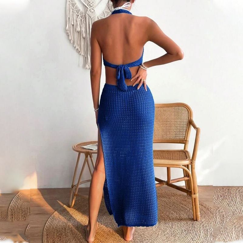 Vêtements pour femmes, nouvelle jupe de plage d'été pour femmes, couleur unie, sexy, tricotée, ajourée, robe de plage, cache-maillot de bain_voghion.com
