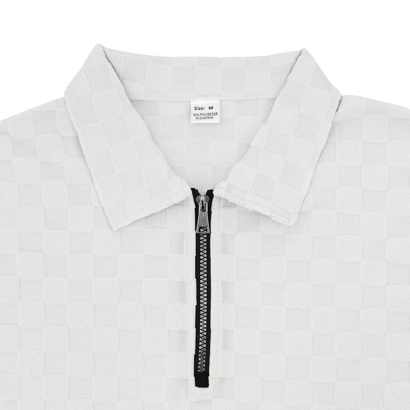 Herren Schweres, lockeres, lässiges, einfaches Poloshirt mit Schachbrettmuster und Reißverschluss, kurzärmelig, Shorts-Set_voghion.com