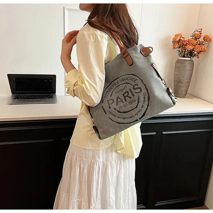 Borsa tote grande in tela retrò con tracolla regolabile, stampa vintage di Parigi, elegante tracolla per donna 250221_voghion.com