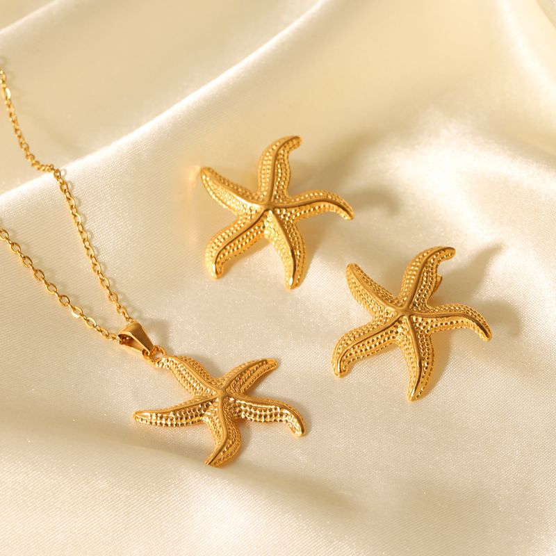 1Pc/3Pcs Huangchao Stainless Steel Starfish Pendant Necklace Stud Earrings For Women, Gold Plated Summer Jewelry Accessories_voghion.com