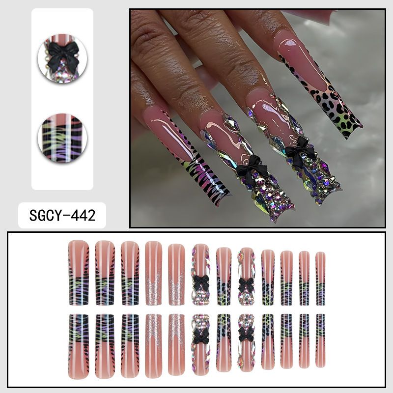 24 Stück extra lange Press-On-Nägel mit Leopardenmuster und French Tip – Klebe- und Sticker-Optionen – elegantes Schleifen-Design für Damen_voghion.com