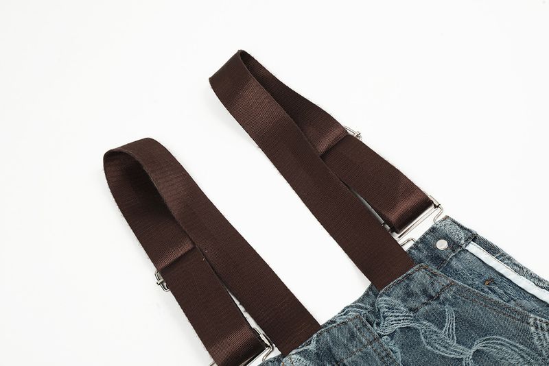 Salopette in denim con motivo jacquard a fiori da uomo, modello alla moda, pantaloni a gamba dritta larghi e casual, canotta monopezzo_voghion.com