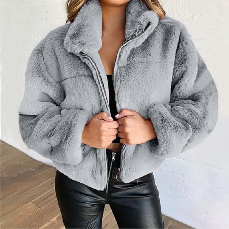 Damen schwarze Damen Herbst und Winter Kaninchenfell Reißverschluss Strickjacke warme Manteljacke_voghion.com