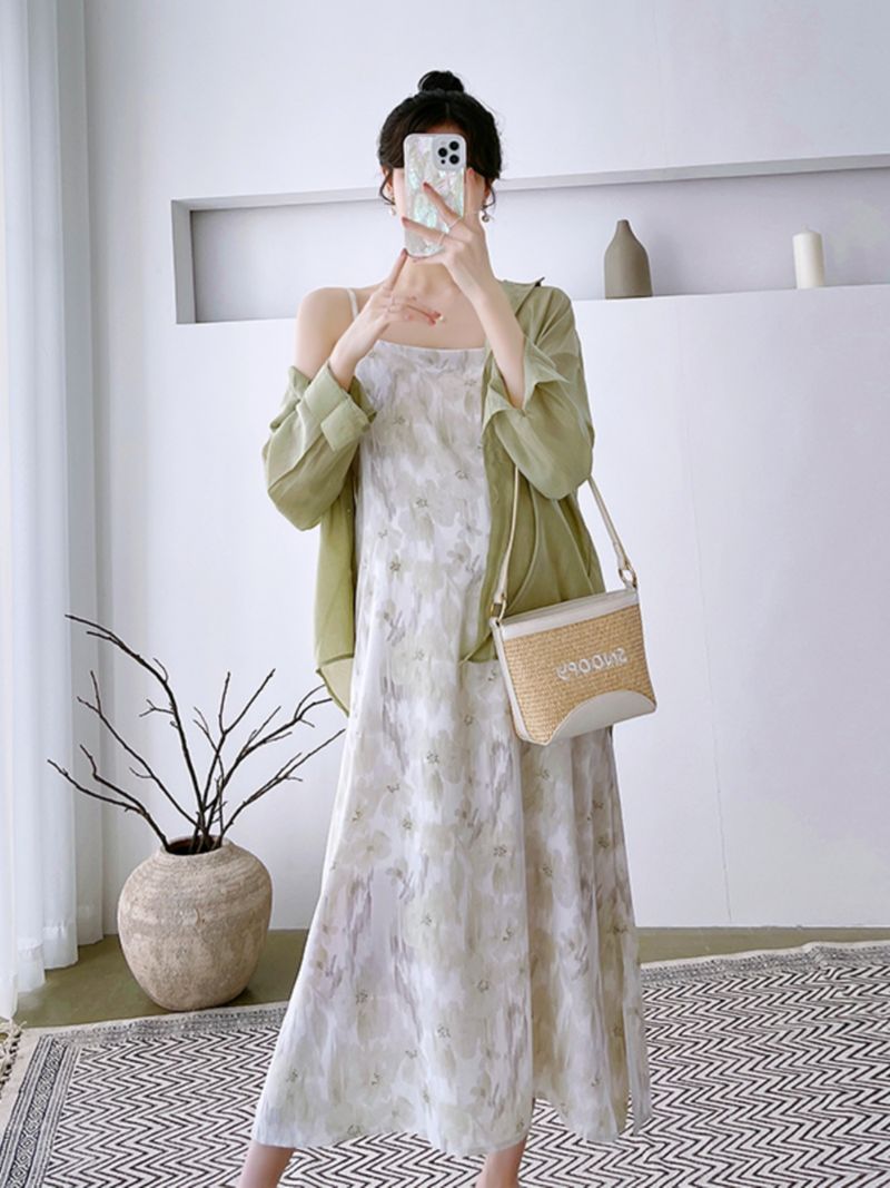 Completo da donna incinta, abito in chiffon con gonna e bretelle, camicia in tencel, abbigliamento con protezione solare, set due pezzi primaverile_voghion.com