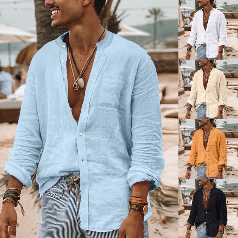 Camicia da uomo ampia a maniche lunghe in cardigan con colletto alla coreana in lino tinta unita_voghion.com