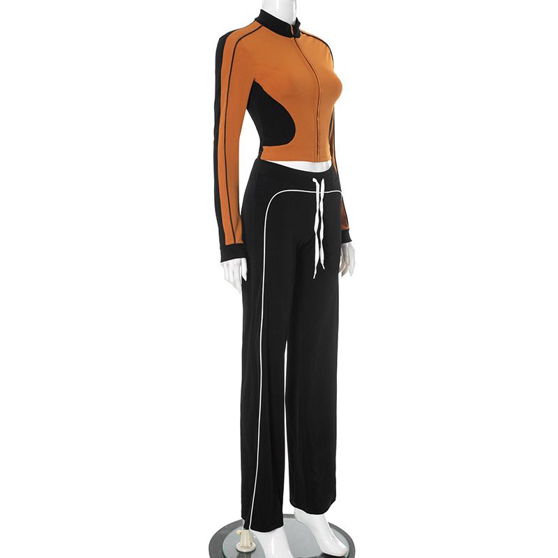 Abbigliamento da donna, linea autunno e inverno, pantaloni a vita alta con elastico in corda, senza colletto, con cerniera, in colori a contrasto_voghion.com