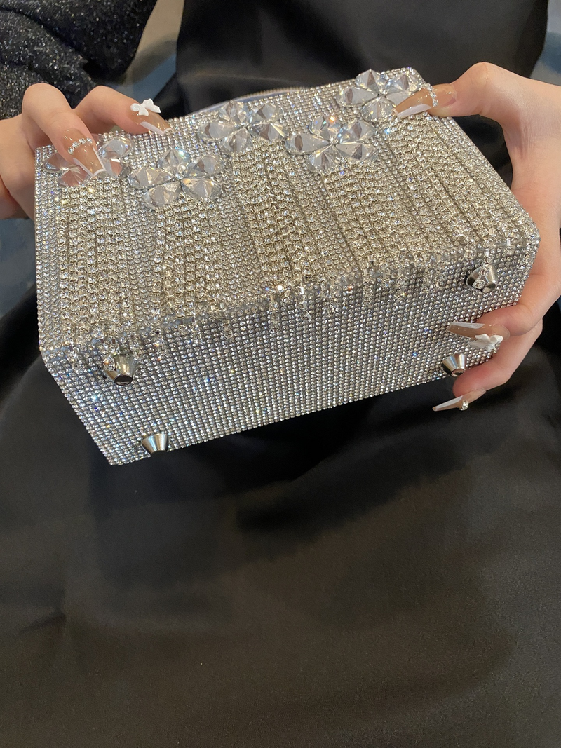 Nuova borsa per banchetti per abiti da sera da sposa in argento con diamanti in acqua e nappa_voghion.com