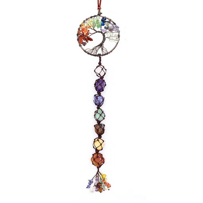 Handwoven 7-Color Crystal Gemstone Tree Of Life Car Hanging Ornament, Dreamcatcher Pendant, Boho Home Decor, Natural Stone Beaded Charm_voghion.com