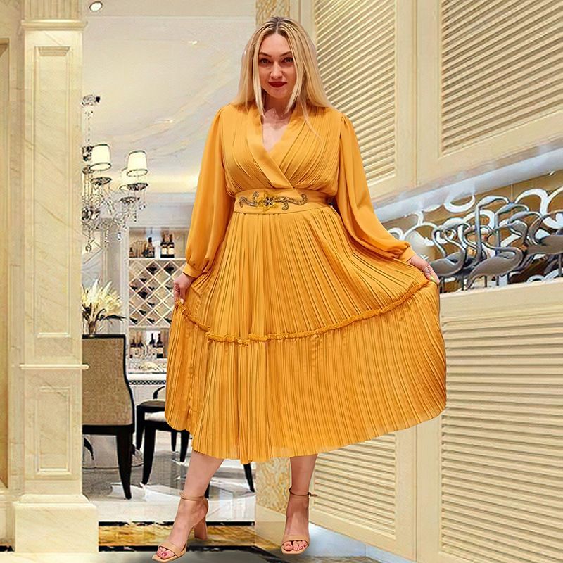 Langärmliger Faltenrock für Damen, unabhängige Station, hohe Taille, Außenhandel, lockeres Kleid in großer Größe (freier Gürtel) 8835_voghion.com