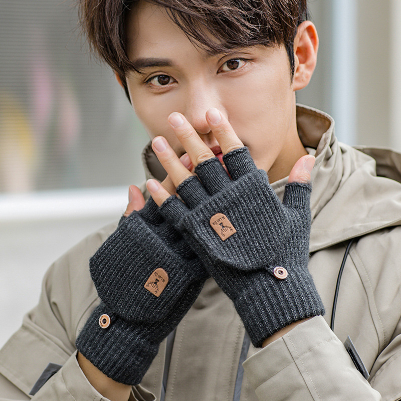 Men's Autumn Winter Half Finger Flip Gloves Knitted Wool Fingerless Student Writing Warm Office Korean Simple Style_voghion.com