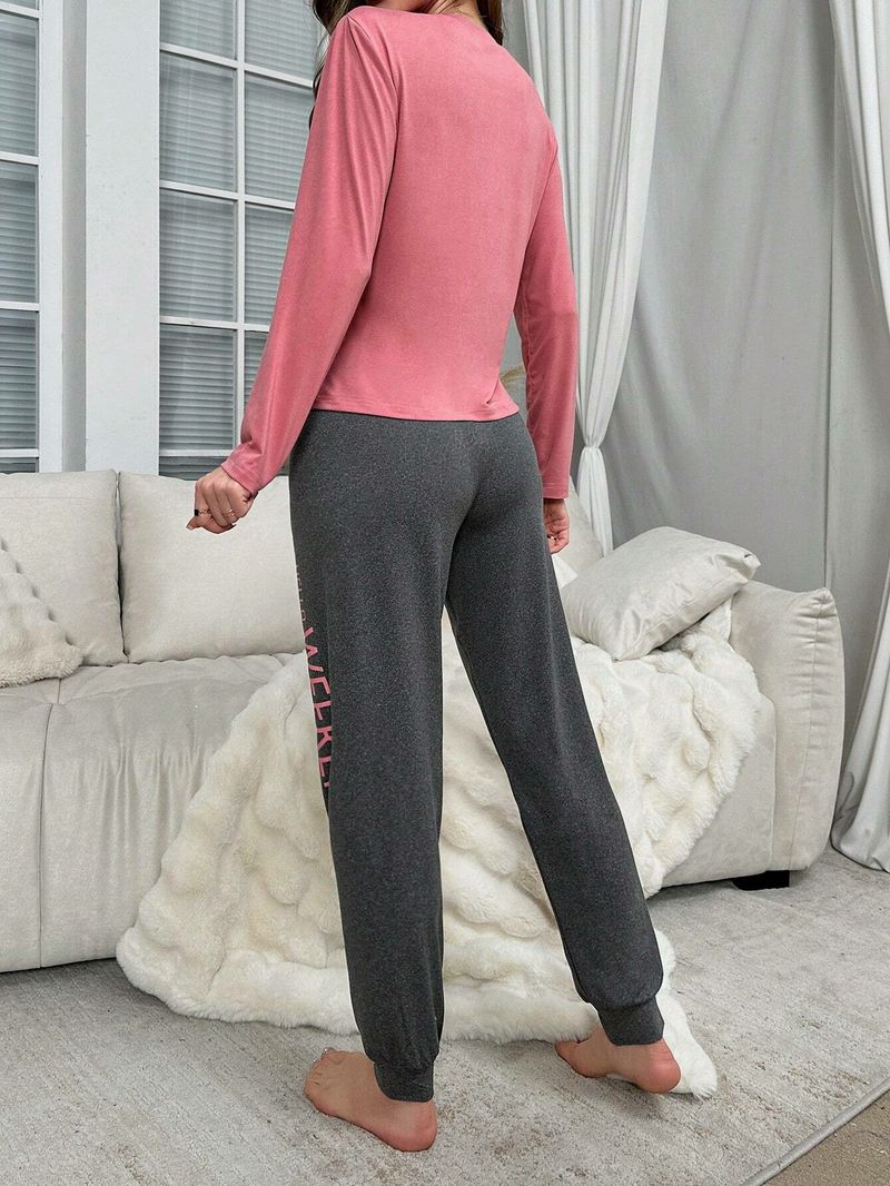 Women's Autumn Loungewear Set - Long Sleeve Letter Print Top & Pants Comfy Two-Piece Sleepwear (Wine Red/Peach, S-4XL)_voghion.com