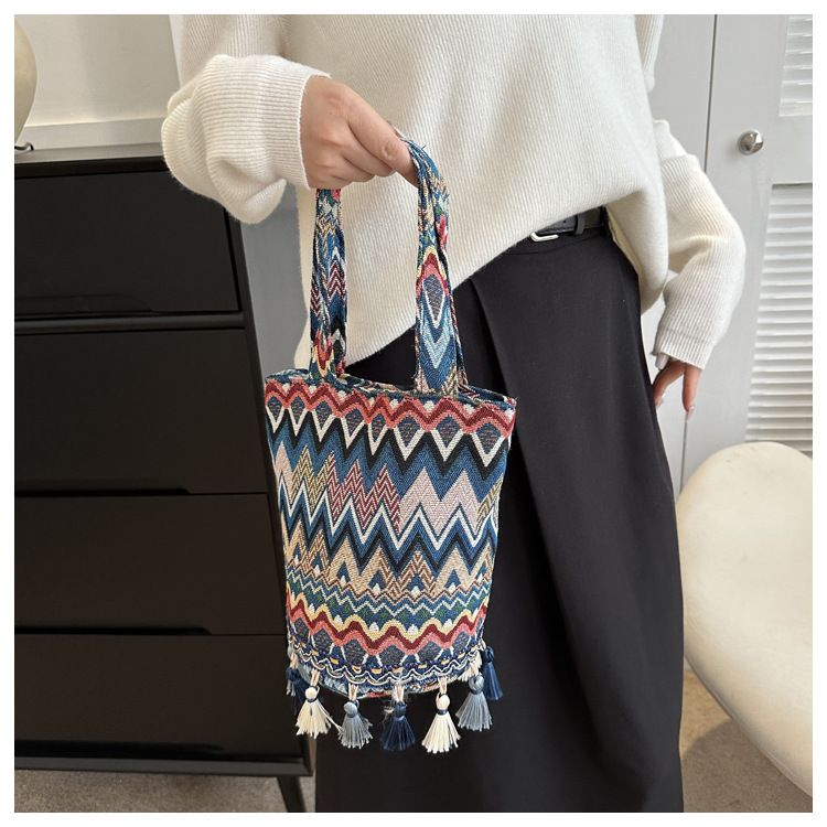 Borsa a secchiello da donna, elegante e semplice, con nappa, borsa a tracolla etnica, borsa per il tempo libero da donna, borsa a secchiello da donna_voghion.com