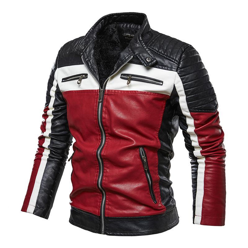 Suitable For All Seasons Fleece-Lined Men's Outerwear Youth Motorcycle Double Color Block Fashion Leather Jacket Men_voghion.com