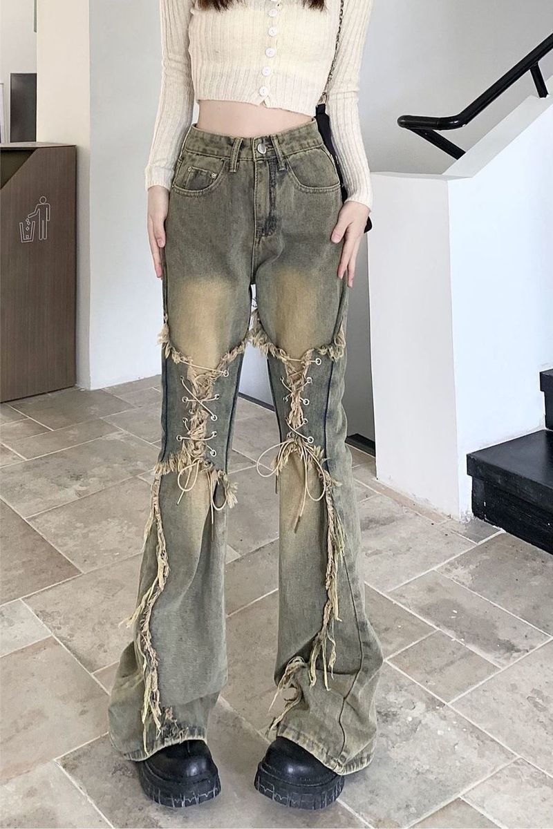 Niche Lace-Up Frayed Design Flared Jeans Women, Sweet And Spicy Style, Straight High Street Pants For Plus Size Women_voghion.com