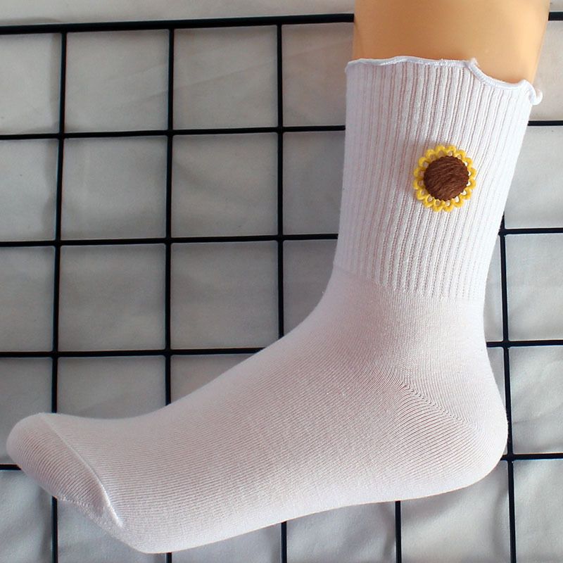 Socken Sonnenblumenspitze Damensocken Herbst und Winter Neue Holzohrkanten-Mittelschlauchsocken Damenschweißabsorbierende Baumwollsocken Studentenlaufsocken_voghion.com
