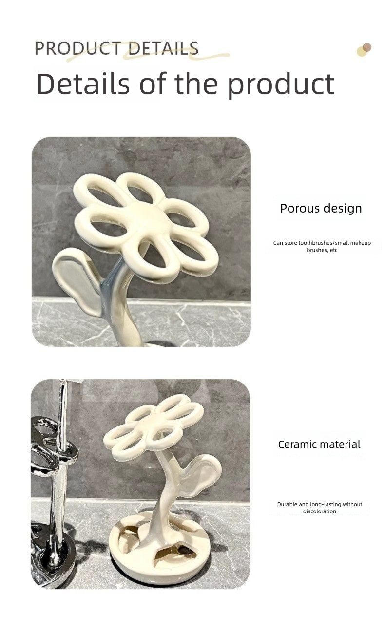 Blumenförmiger Zahnbürstenständer, Badezimmer-Waschtisch, Make-up-Pinselhalter, Sockel, Aufbewahrungsregal, Keramik_voghion.com
