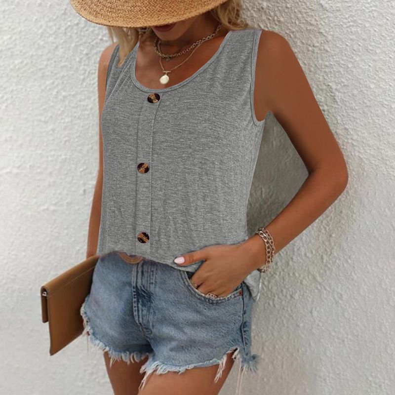 Canotta casual estiva da donna con bottoni - Morbido poliestere elasticizzato, vestibilità slim, scollo tondo, colori a tinta unita (nero, rosa, grigio)_voghion.com