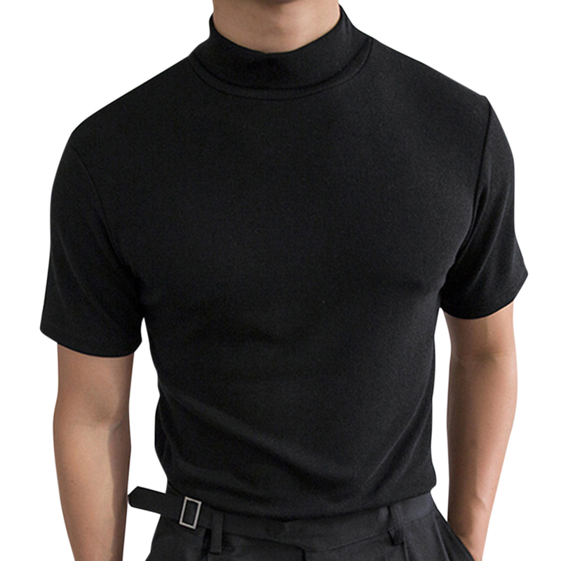 2023 herbst und Winter Hohe Kragen Kurzarm T-shirt männer Unterlage Einfarbig Top_voghion.com