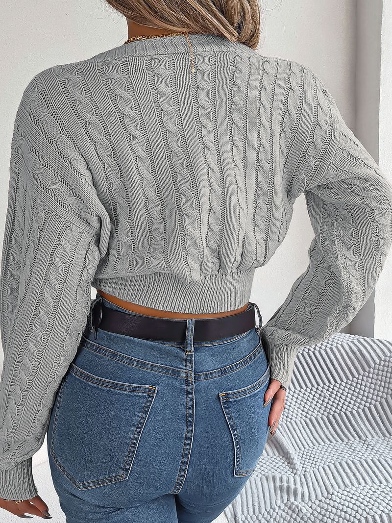 Maglione corto con maniche a lanterna, scollo a V annodato, casual, sexy, autunno e inverno 2024, moda donna_voghion.com