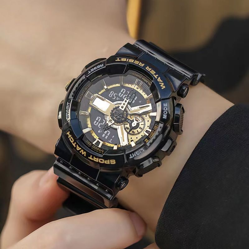 Kid's Watches Trendy Black Gold Electronic Watch Fashion Outdoor Sports Alarm Clock Dual Display Pointer Watch_voghion.com