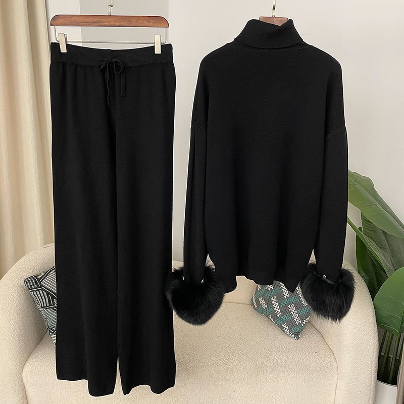 Ensemble en tricot avec poignets en fourrure de renard pour femme – Pull ample à col montant et pantalon large pour l'automne/hiver_voghion.com