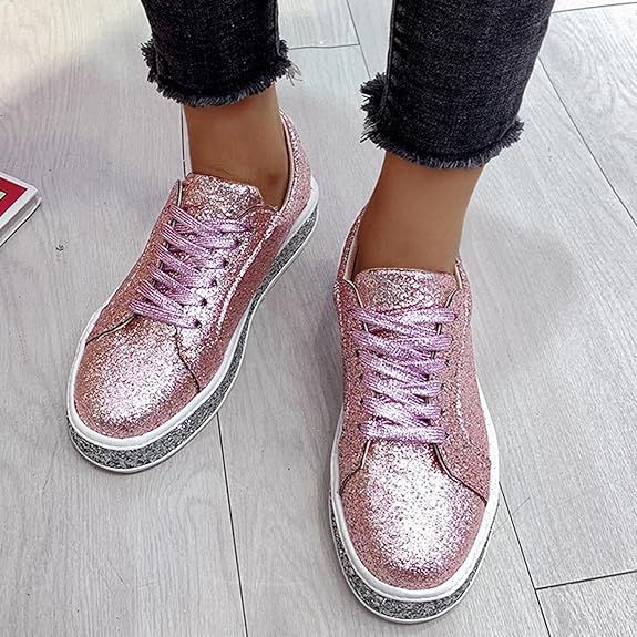 Platform Fashion Sneakers Glitter Sequin Lace Up Chunky Bottom Slip On Flats Walking Shoes_voghion.com