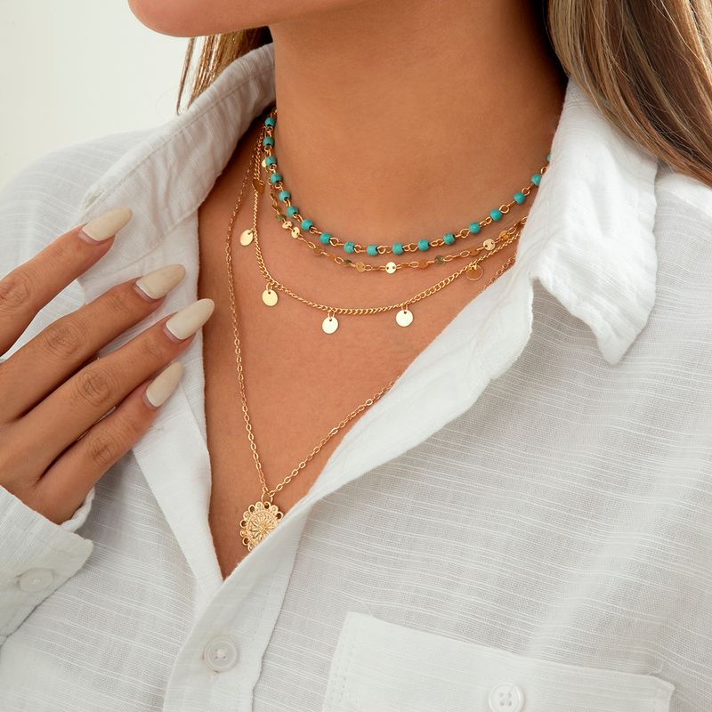 2025 Nieuwe aankomsten 4 stuks/set Boho stenen bloemenplaat hanger choker ketting voor vrouwen vintage gouden kleur verstelbare ketting esthetische sieraden_voghion.com