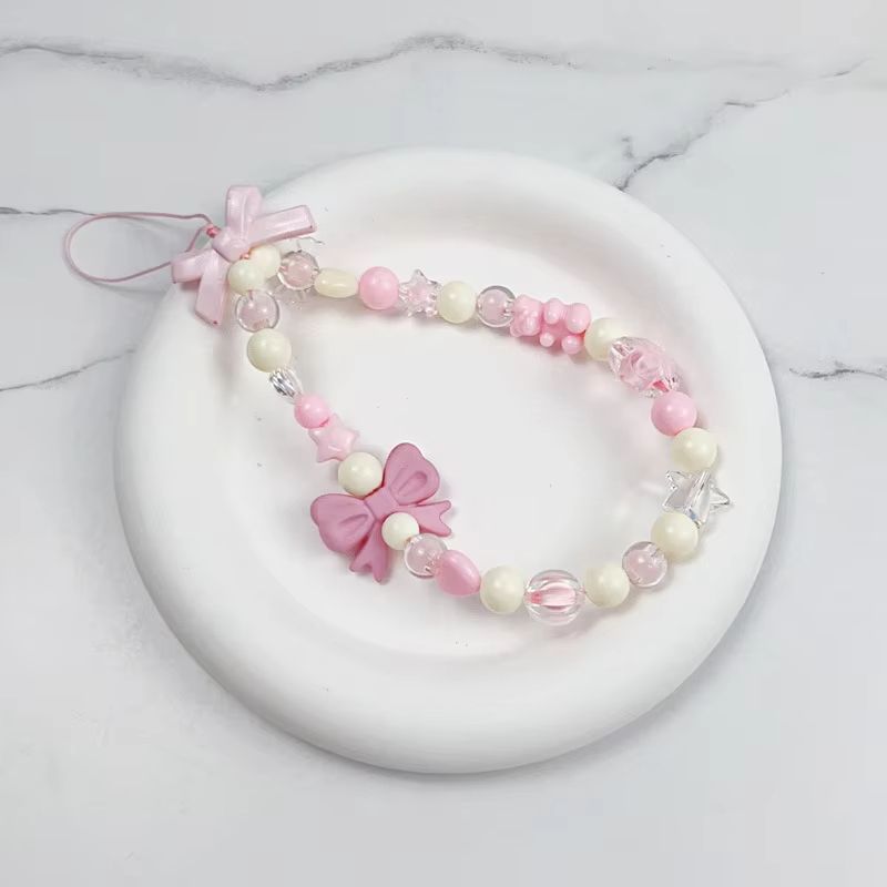 Lanière de poignet en forme de cœur et de nœud pour téléphone portable, breloques de dessin animé, anti-perte, perles, corde faite à la main, porte-clés suspendu_voghion.com