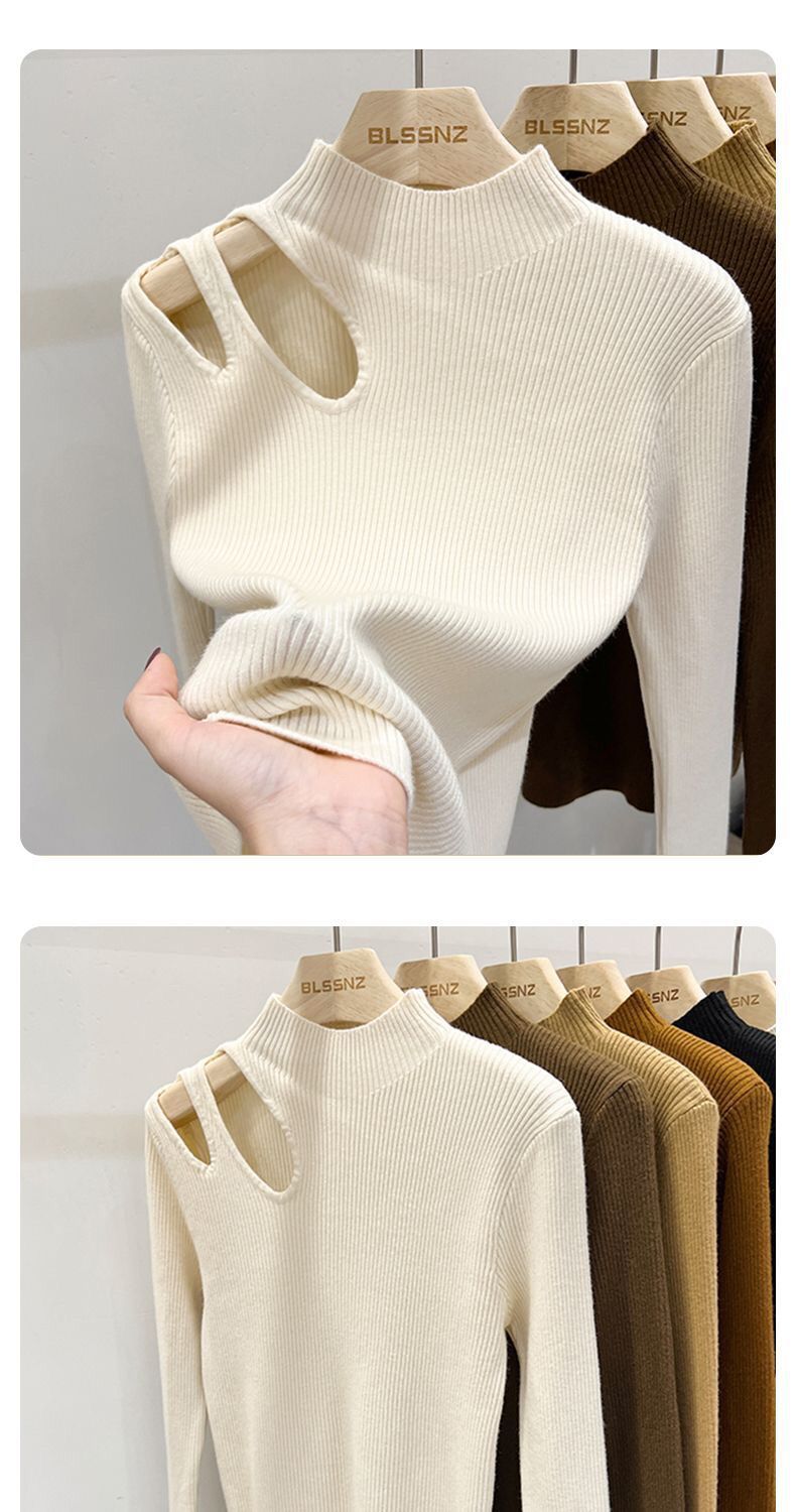 Elegantes französisches Hollow-Out-Strickoberteil für Damen mit Halbrollkragen und Spitze als Basisschicht für Herbst und Winter_voghion.com