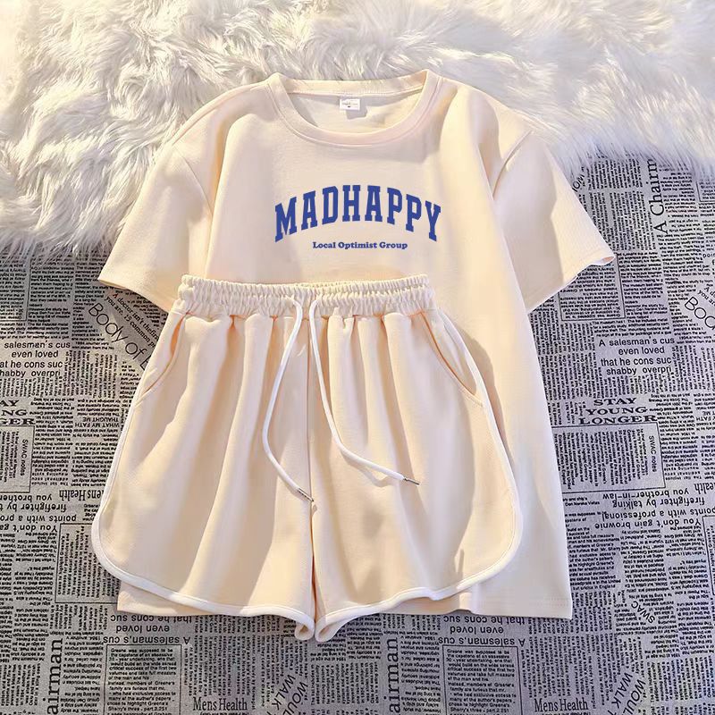 Ensemble 2 pièces en soie de lait de style coréen pour femme : haut à manches courtes avec cordon de serrage et short ample (décontracté, sportif, coordonné)_voghion.com