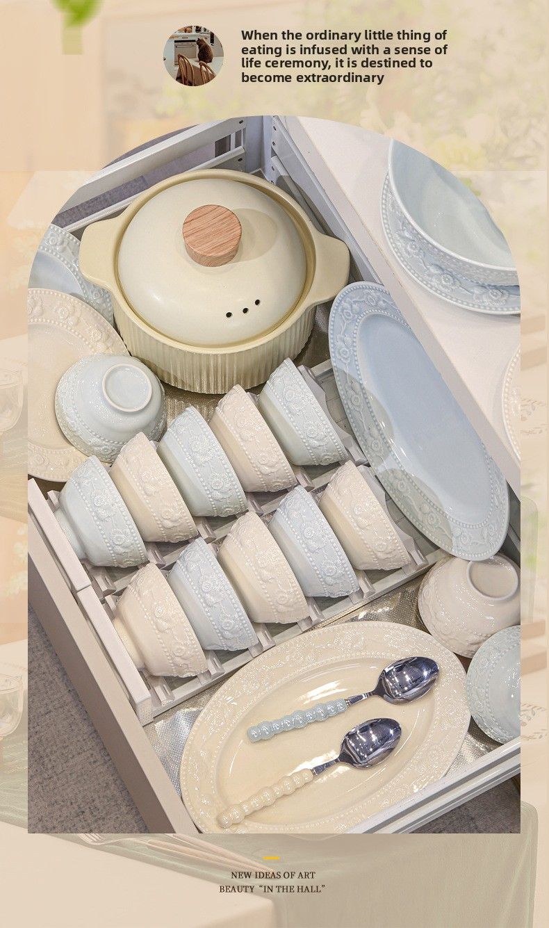 Französisches Geschirrset für den Hausgebrauch, hoher ästhetischer Wert für Mädchen, hübsches Keramikschüsselset, neues geprägtes Geschirr_voghion.com