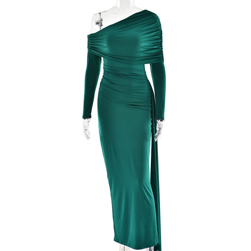 Elegante abito aderente a maniche lunghe con spalle scoperte, volant e vita alta – Abito da sera slim fit alla moda per donna_voghion.com