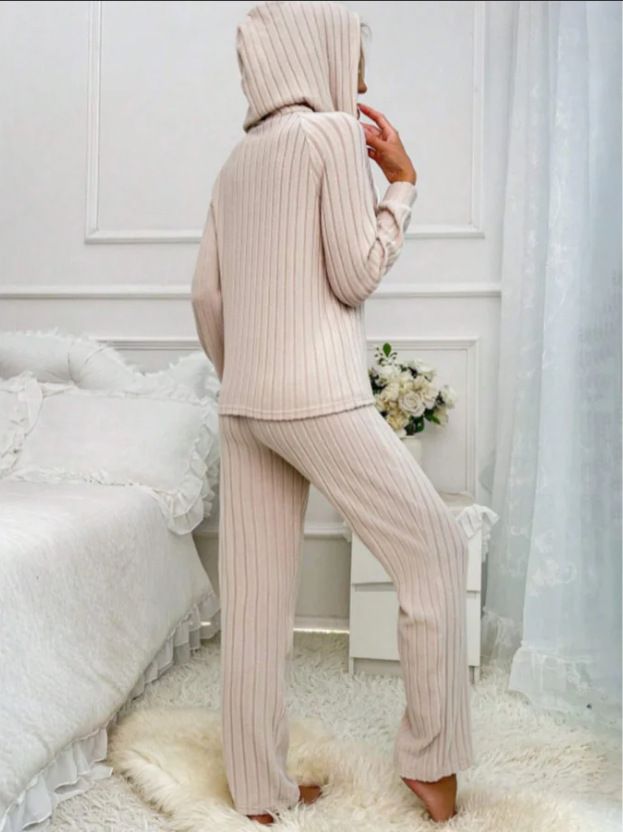 Women's Casual Ribbed Fleece Hooded Button-Up T-Shirt & Pants Lounge Set - Soft Comfortable Home Wear Outfit_voghion.com