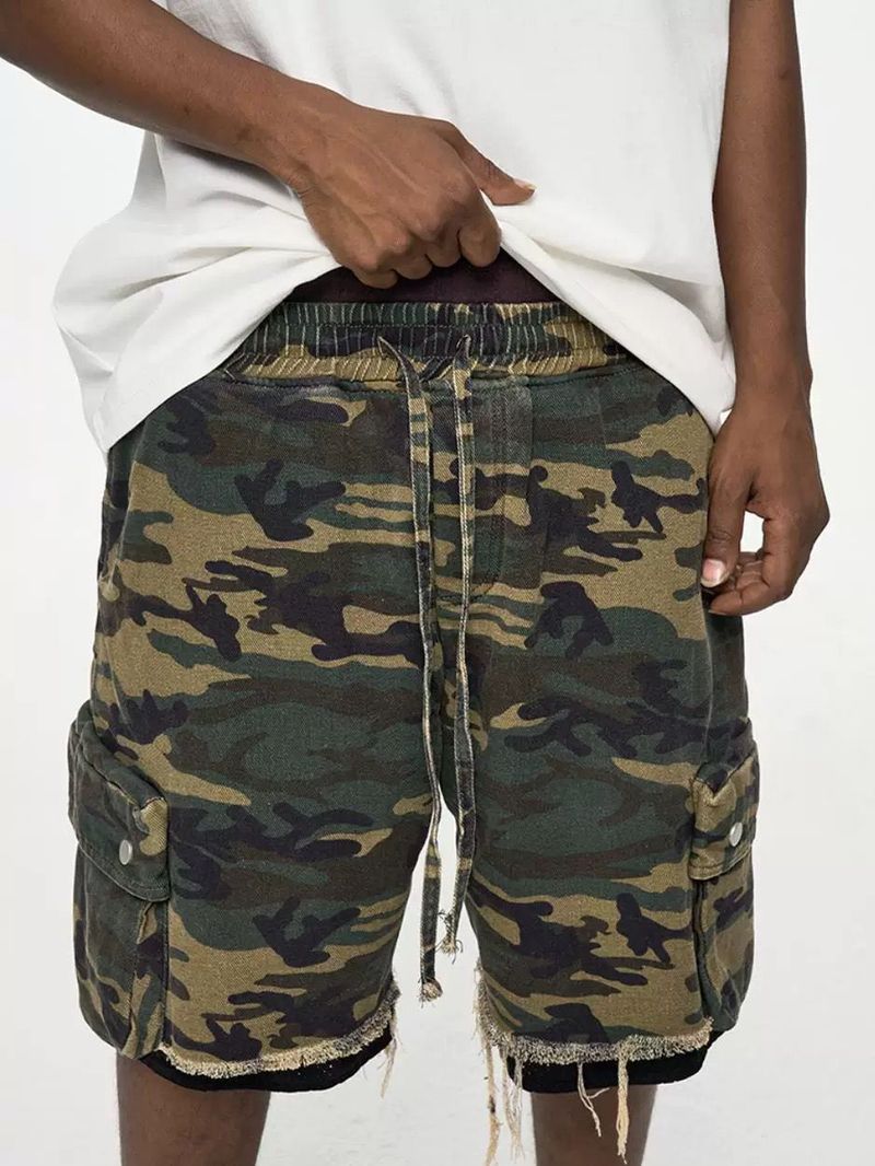Men's Clothing High Street Washed Raw Edge Distressed Double Layer Retro Workwear Pocket Trendy Camouflage Shorts Summer Shorts Men's Trend_voghion.com