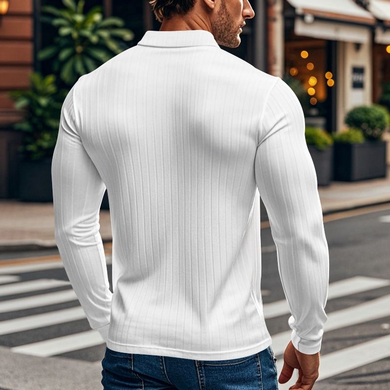 Herren-T-Shirt mit gerippter Struktur, lässiges Revers-Button-Down-Slim-Fit-Langarm-Poloshirt für Männer_voghion.com