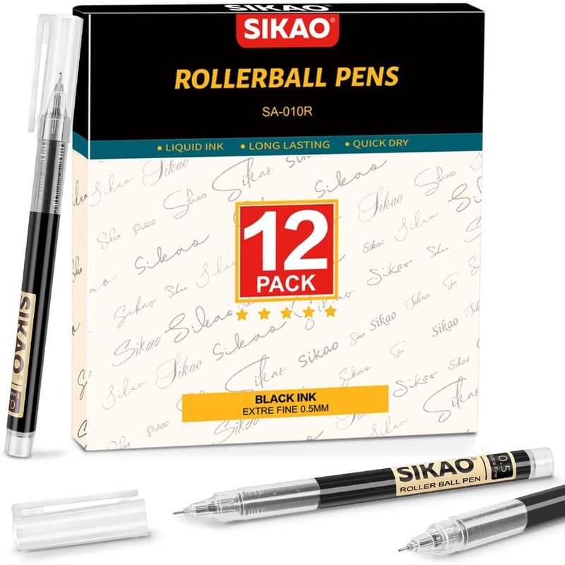 Liquid Ink Rollerball Pens 0.5 Mm Black Ink Extra Fine Point Quick Dry Gel Ink Super Smooth Writing 12 Pack_voghion.com
