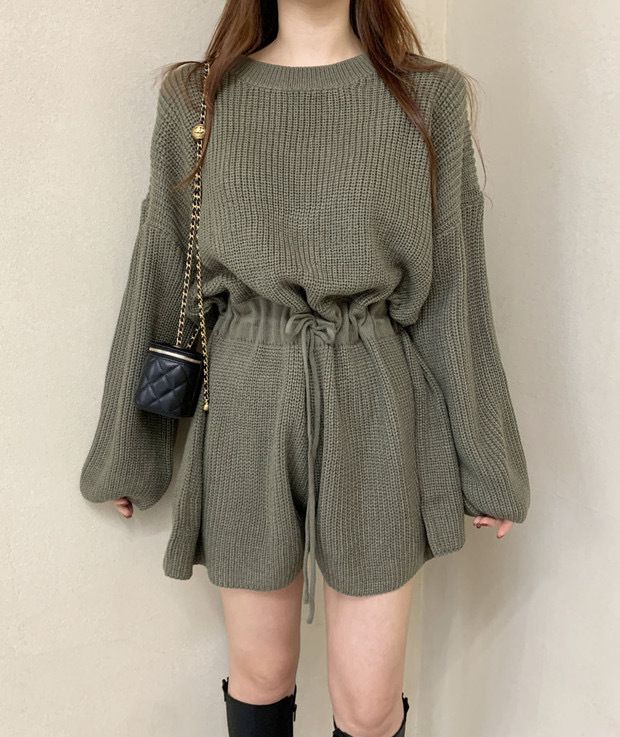 2024 Korean Chic Autumn Round Neck Drawstring Strap Waist Long Sleeve Knitted Wide Leg jumpsuit Shorts for Women_voghion.com