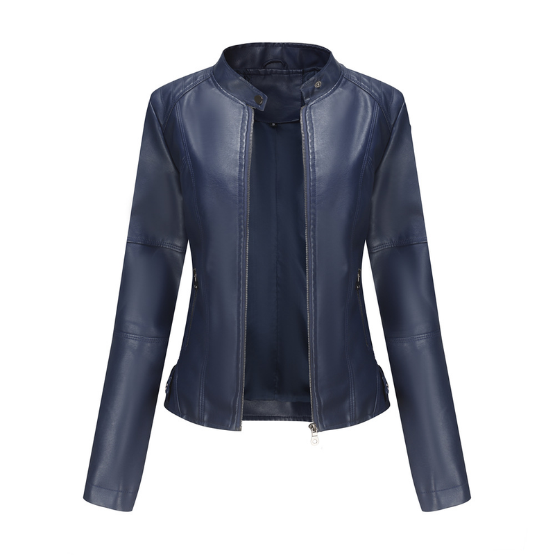European Women's Slim Fit Thin Spring Autumn Coat Ladies Motorcycle Plus Size Stand Collar Leather Jacket_voghion.com