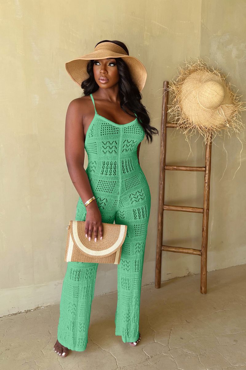 JP1096 Tuta da donna in maglia a tinta unita con spalline sexy e motivo geometrico cavo_voghion.com