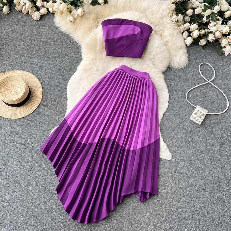 Women's Summer Contrasting Color Tube Top, Irregular Pleated Skirt, Trendy_voghion.com