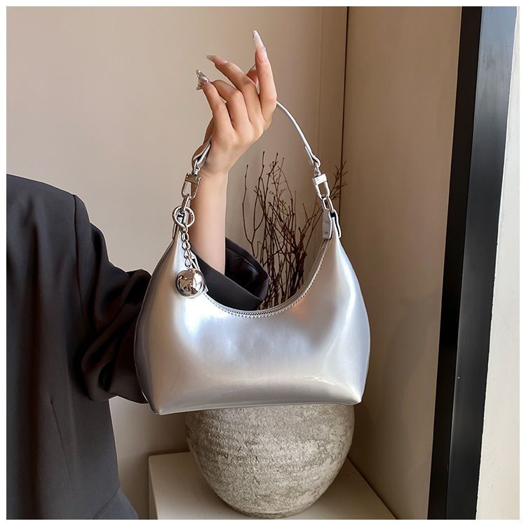Borsa a mano in pelle lucida color argento, autunno/inverno 2025, nuova borsa multifunzionale da donna, elegante e versatile_voghion.com