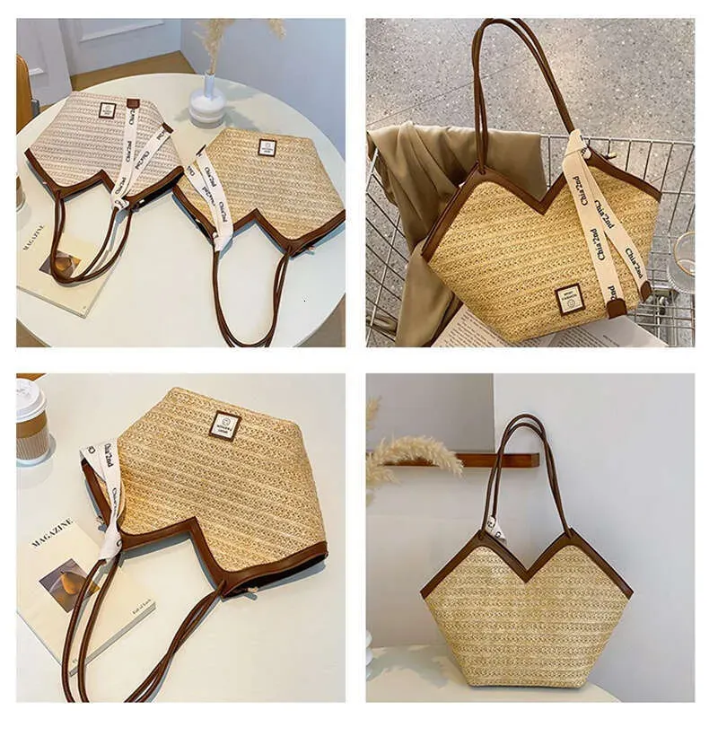 Bolso tote de paja de diseño playero, bolso de hombro de gran capacidad para mujer, ideal para el verano -_voghion.com