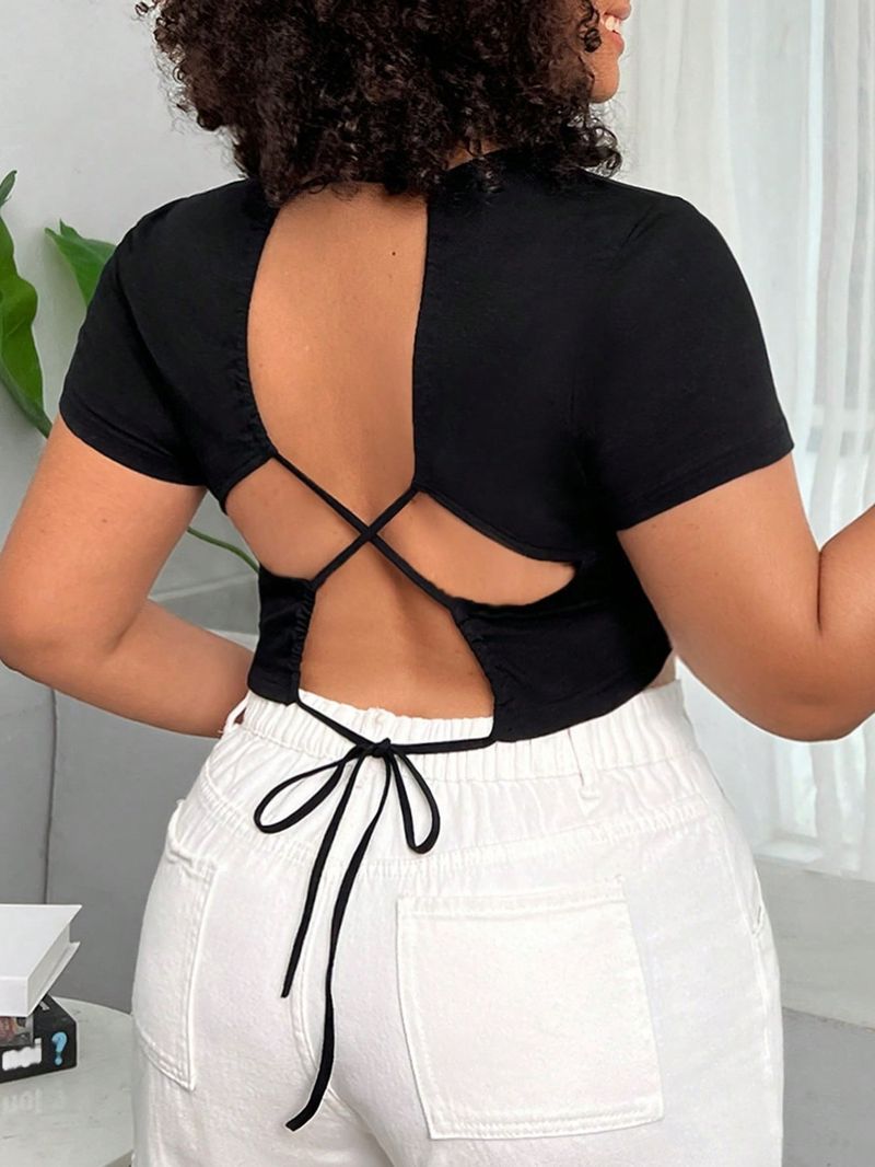 Y2K Plus Size Women's Slim Fit Spicy Girl T-shirt 2025 Spring/summer New Item Backless Solid Color Top_voghion.com
