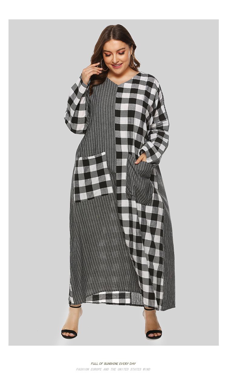 2023 frühling und Herbst Muslimischen V-ausschnitt karierten patchwork lange doppel tasche beiläufige lose ärmeln kleid JR332_voghion.com