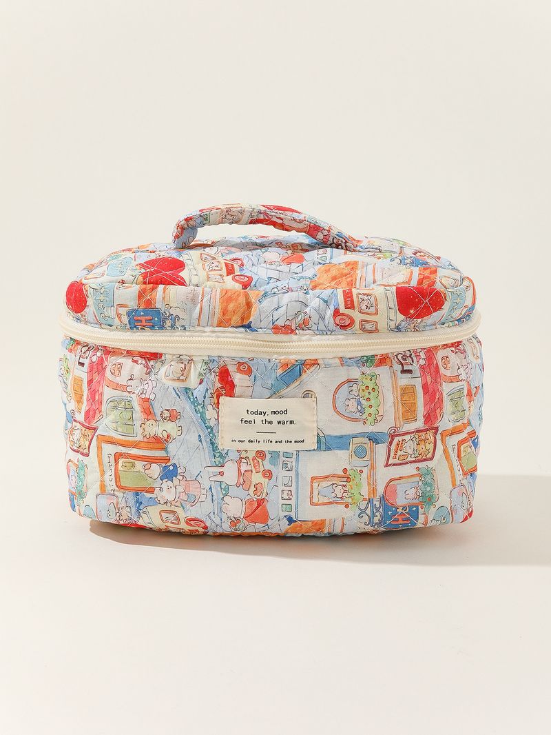 Kosmetiktasche aus Baumwolle, tragbar, große Kosmetiktasche, gestreift, gepunktet, Aufbewahrung, tragbar, gesteppte Baumwolle, süße Blumen, Student_voghion.com