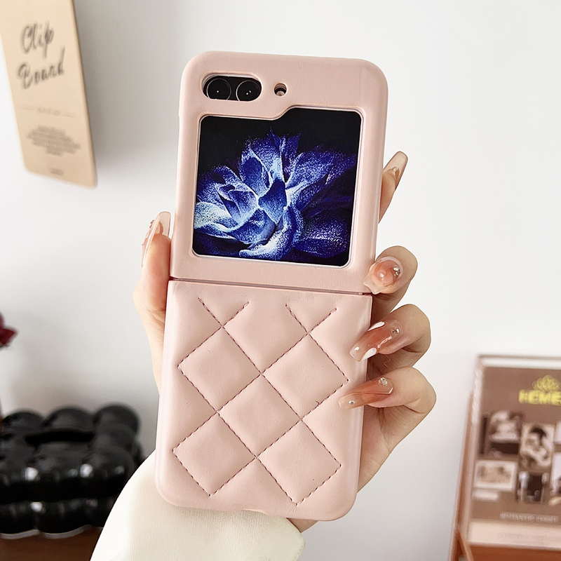 Mobile phone case for Samsung zflip5 plaid ins style mobile phone case plain leather new folding belt ring protective cover leather_voghion.com