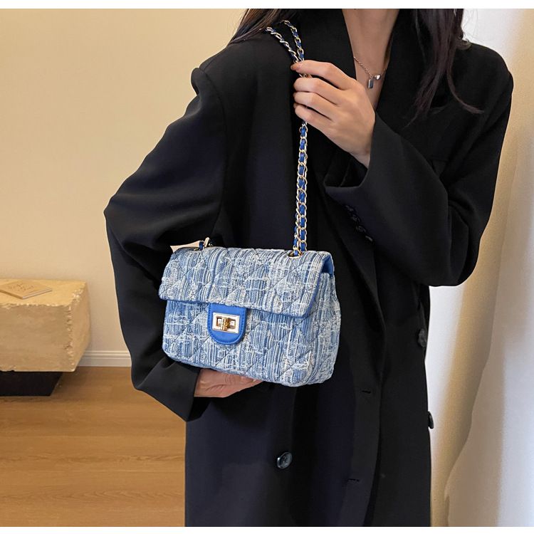 Borsa a tracolla casual in denim da donna con piccola borsa quadrata a tracolla con catena a reticolo di diamanti_voghion.com